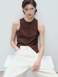 Mango Laguna Linen Blend Sleeveless Waistcoat, Dark Brown