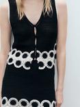 Mango Crochet Embroidered V-Neck Cotton Blend Waistcoat, Black/White