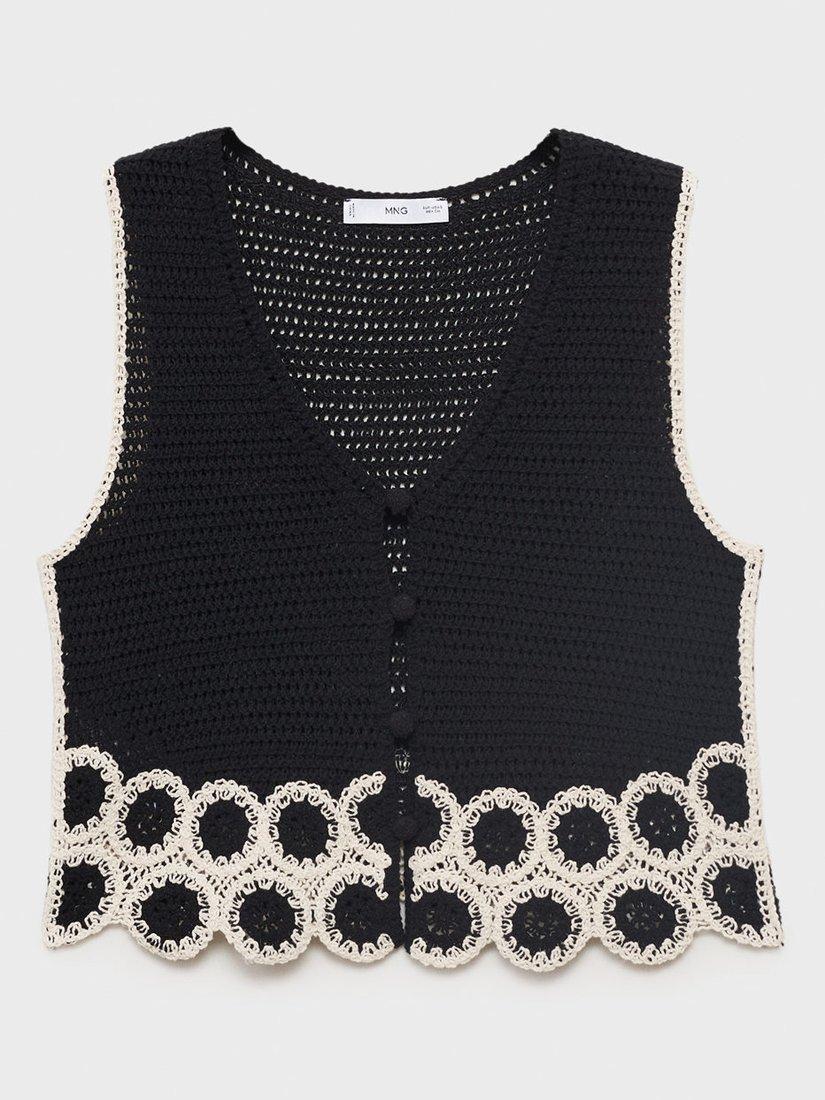 Product image 3 of 8, which shows Mango Crochet Embroidered V-Neck Cotton Blend Waistcoat, Black/White, XS