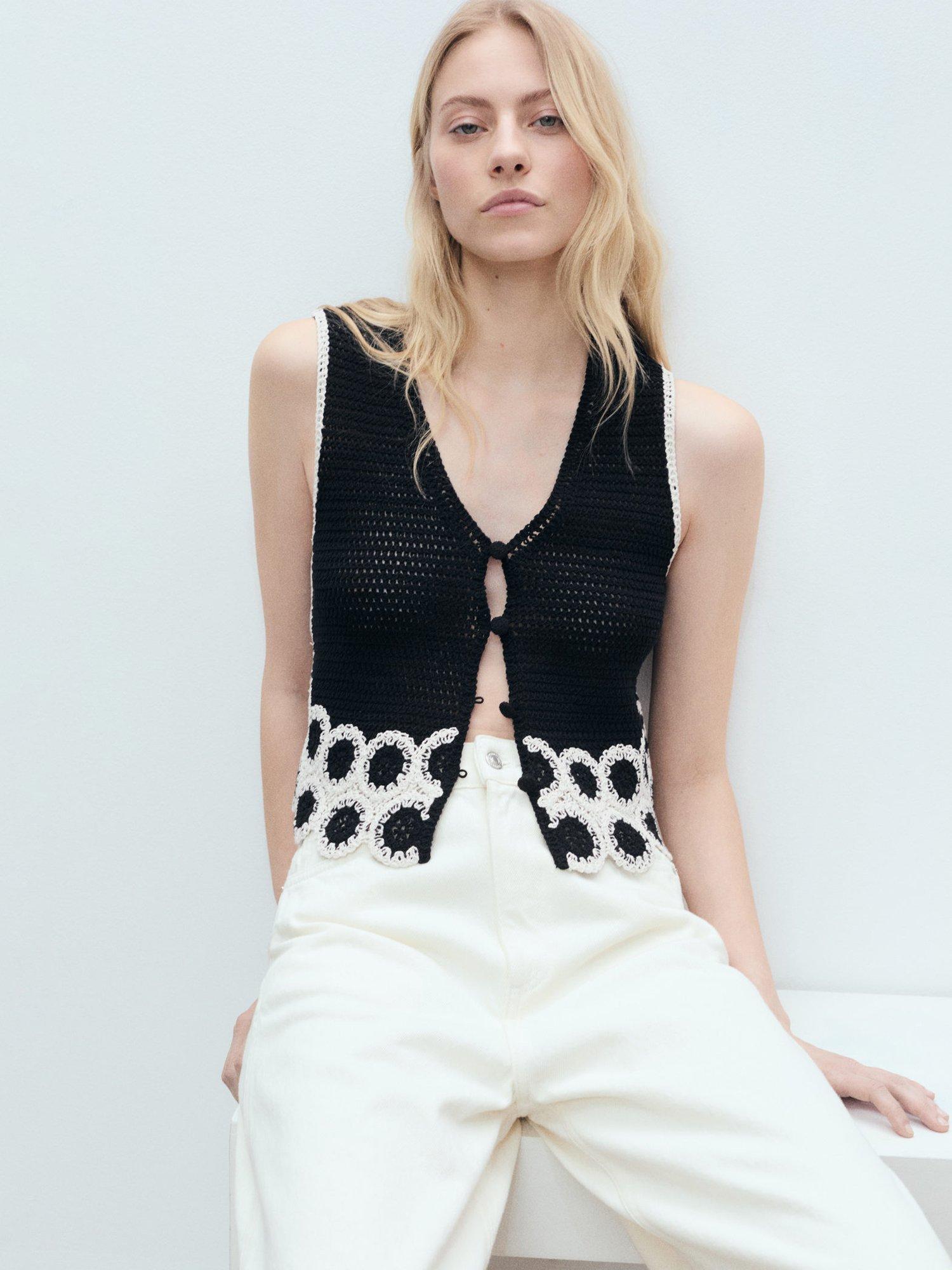 Product image 7 of 8, which shows Mango Crochet Embroidered V-Neck Cotton Blend Waistcoat, Black/White, XS