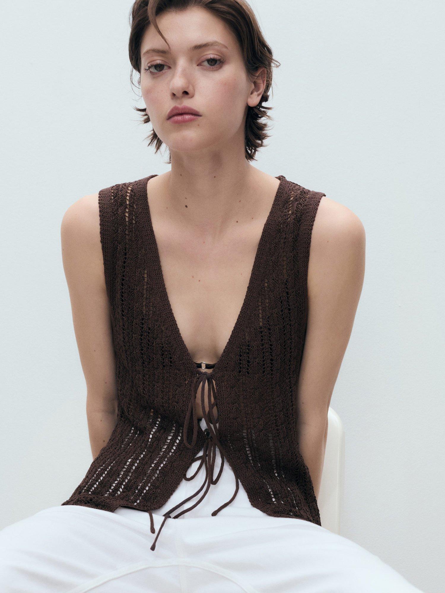 Product image 1 of 8, which shows Mango Magnolia Sleeveless Knitted Waistcoat, Dark Brown, 14|16