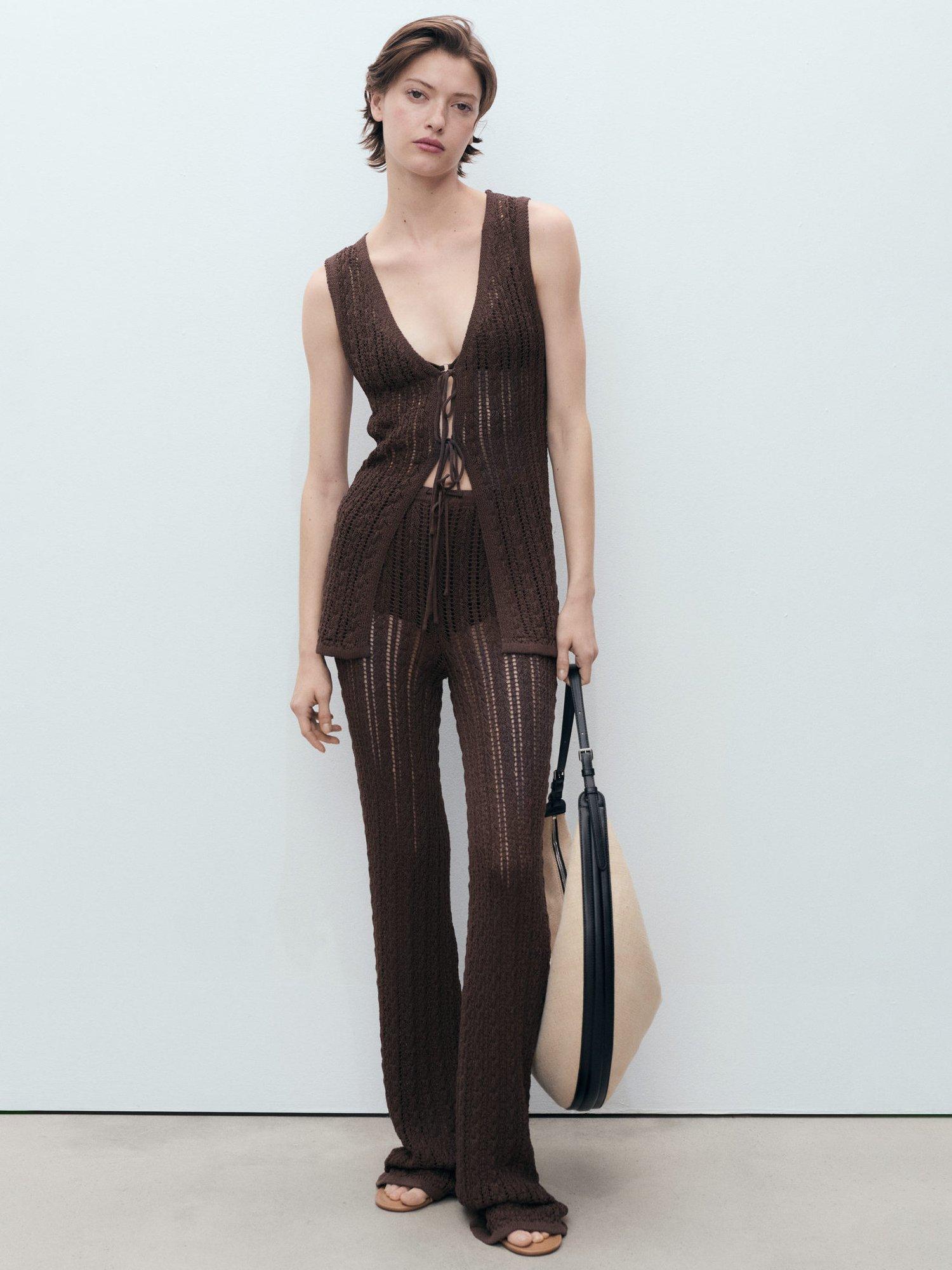 Product image 2 of 8, which shows Mango Magnolia Sleeveless Knitted Waistcoat, Dark Brown, 14|16