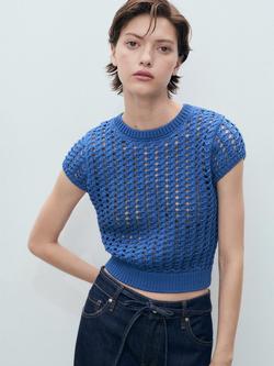 Mango Skie Short Sleeve Cropped Crochet Sweater, Medium Blue