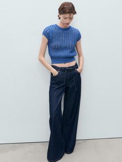 Mango Skie Short Sleeve Cropped Crochet Sweater - view 2, Medium Blue