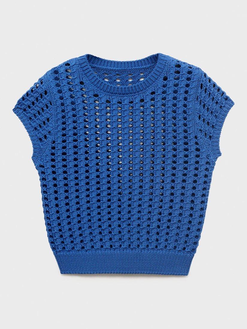 Product image 3 of 7, which shows Mango Skie Short Sleeve Cropped Crochet Sweater, Medium Blue, M