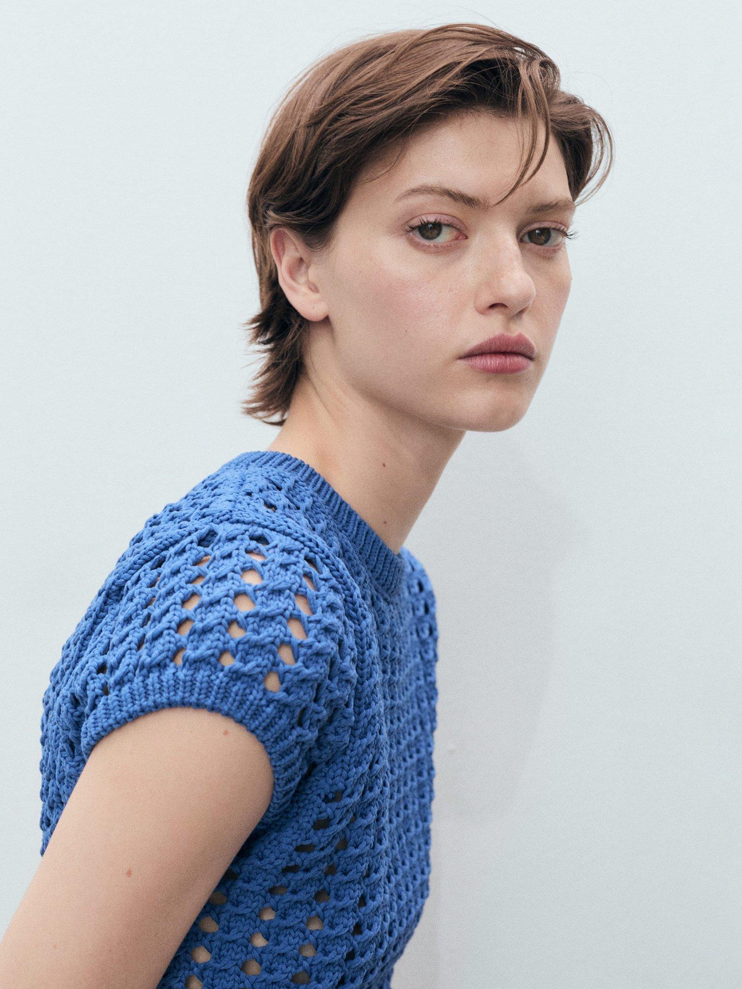 Product image 6 of 7, which shows Mango Skie Short Sleeve Cropped Crochet Sweater, Medium Blue, M