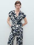 Mango Merci Leaf Print Linen Rich Jumpsuit, Blue/Multi