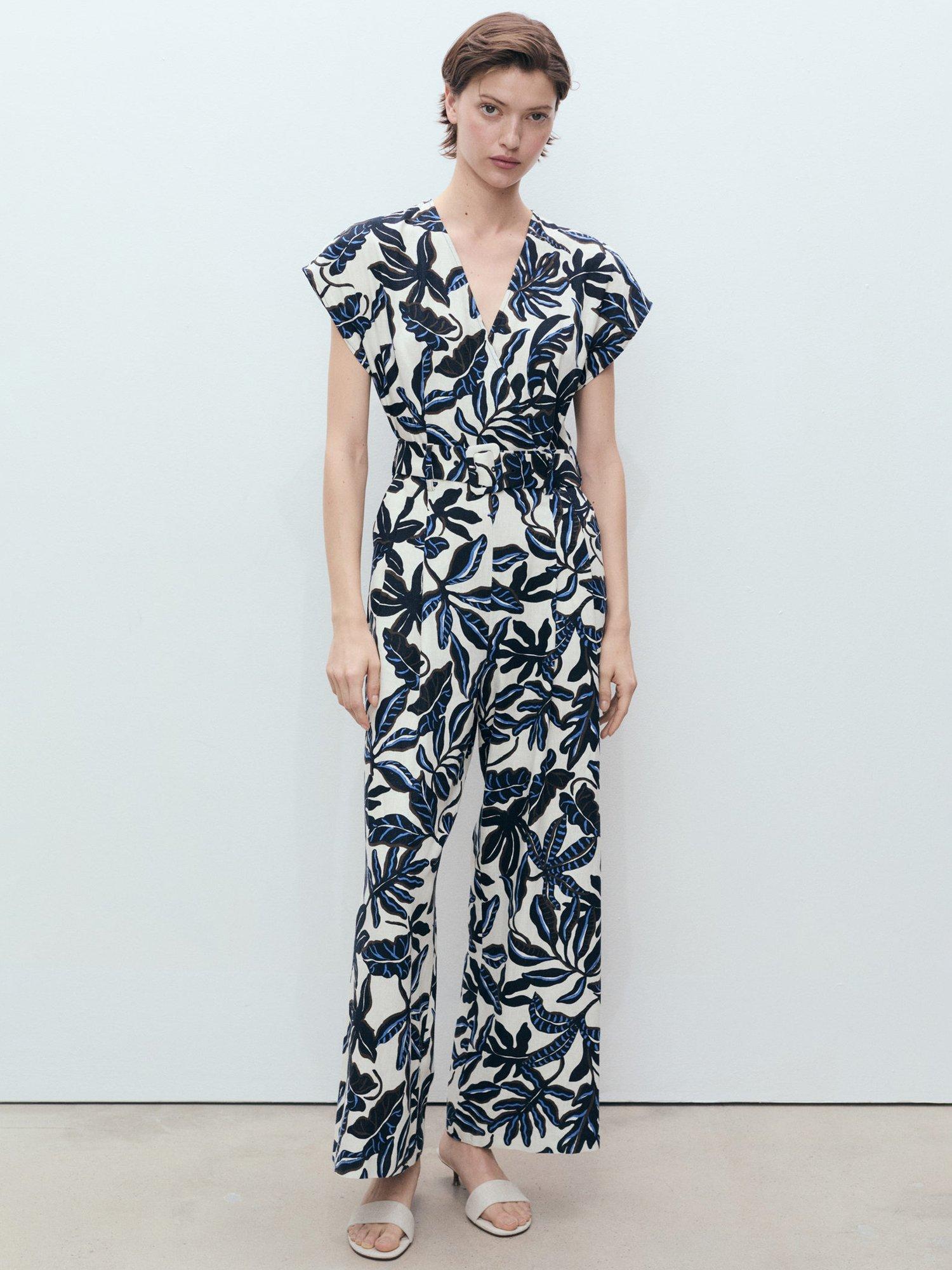 Product image 2 of 8, which shows Mango Merci Leaf Print Linen Rich Jumpsuit, Blue/Multi, S