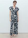 Mango Merci Leaf Print Linen Rich Jumpsuit, Blue/Multi