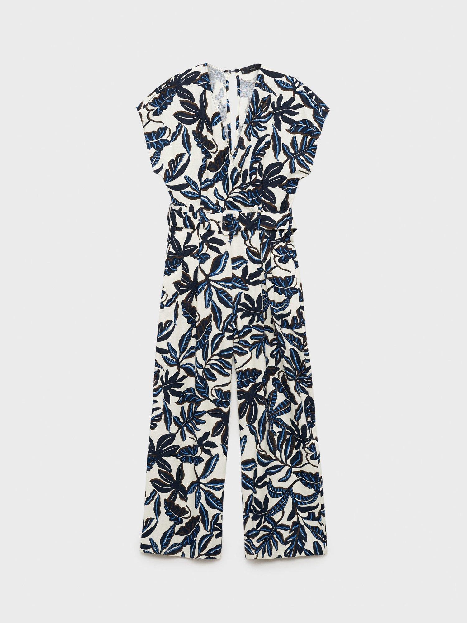 Product image 3 of 8, which shows Mango Merci Leaf Print Linen Rich Jumpsuit, Blue/Multi, S