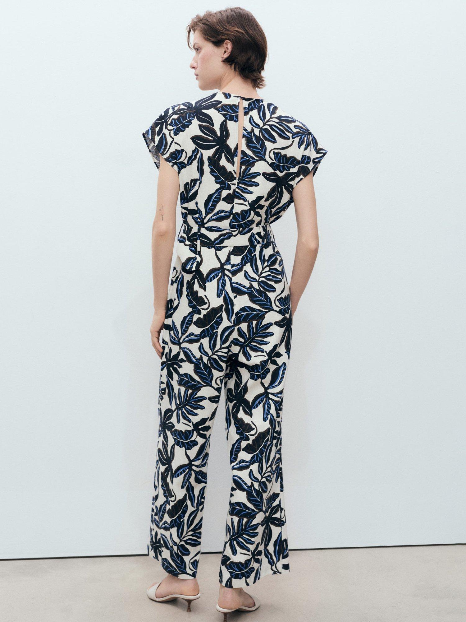 Product image 4 of 8, which shows Mango Merci Leaf Print Linen Rich Jumpsuit, Blue/Multi, S