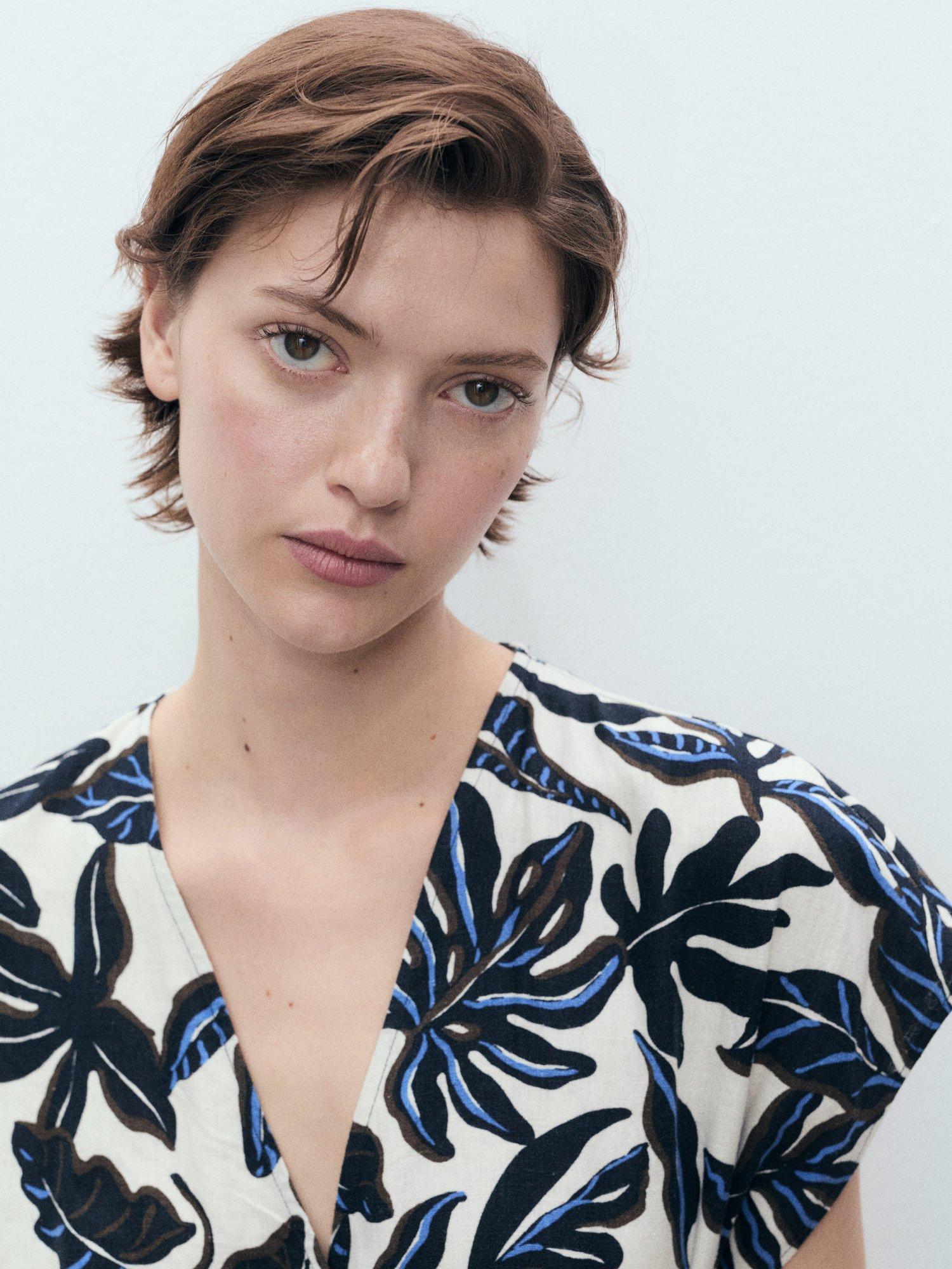 Product image 6 of 8, which shows Mango Merci Leaf Print Linen Rich Jumpsuit, Blue/Multi, S