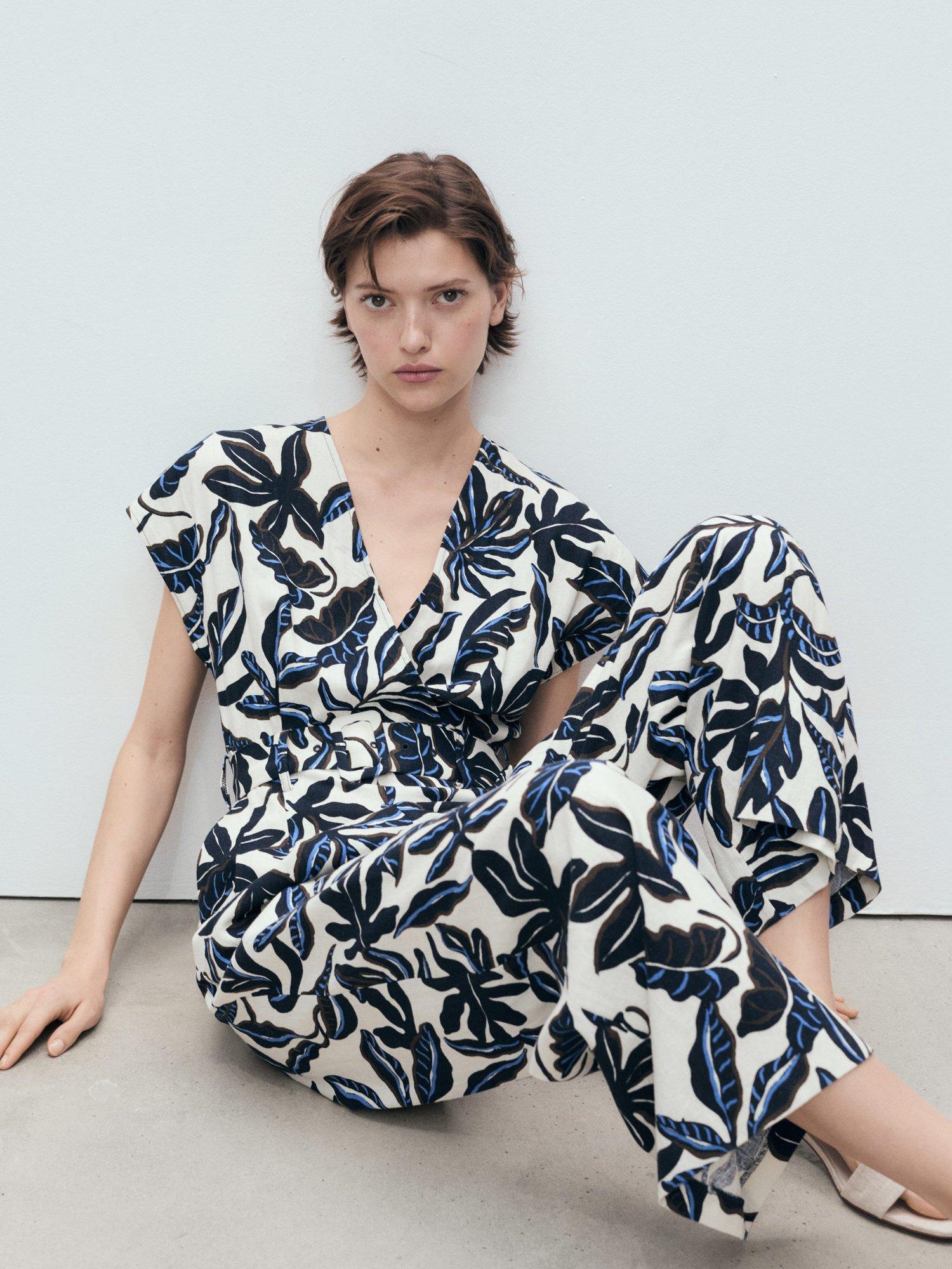 Product image 7 of 8, which shows Mango Merci Leaf Print Linen Rich Jumpsuit, Blue/Multi, S
