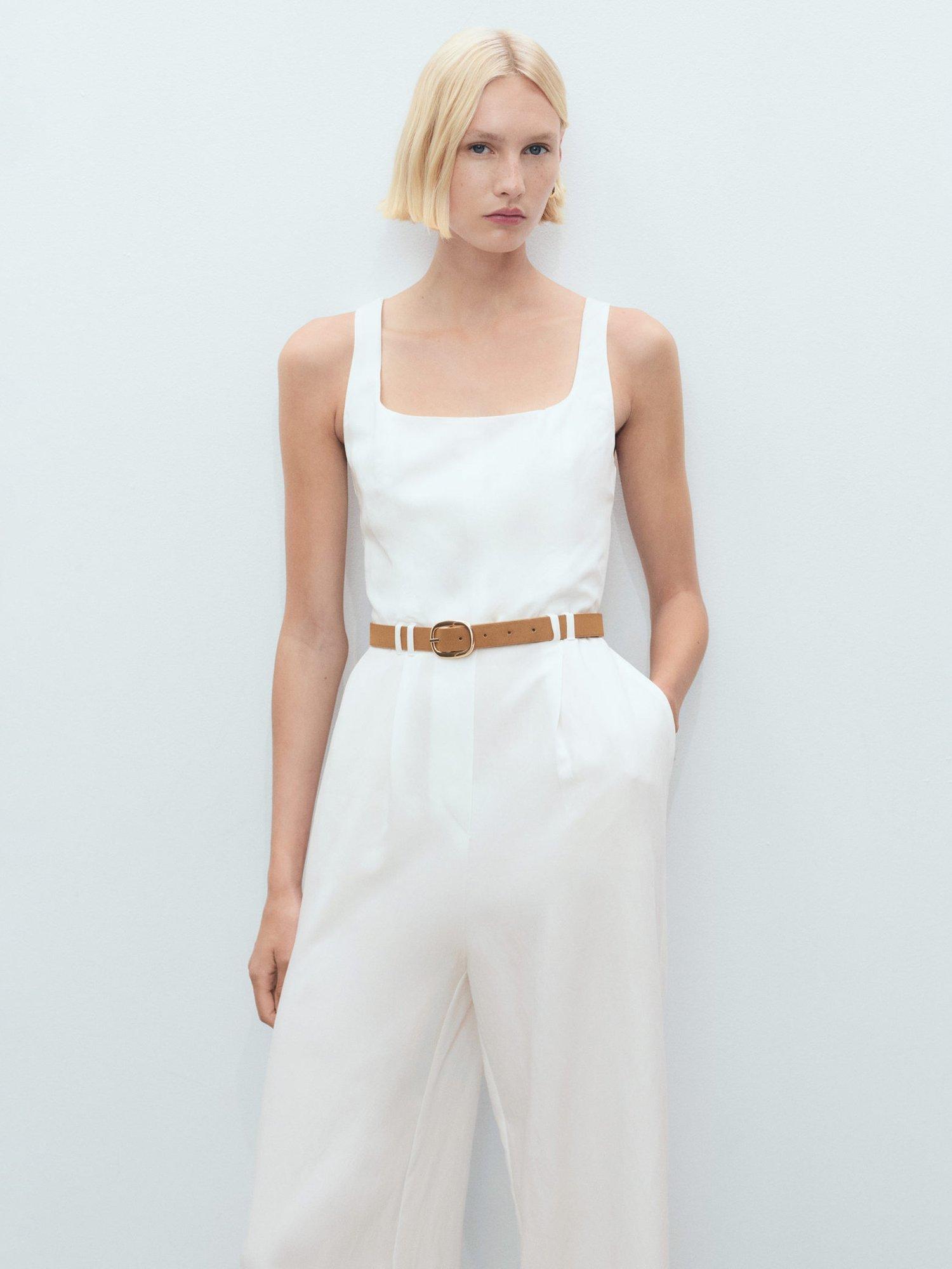 Mango Lionela Sleeveless Belted Wide Leg Jumpsuit, Natural White
