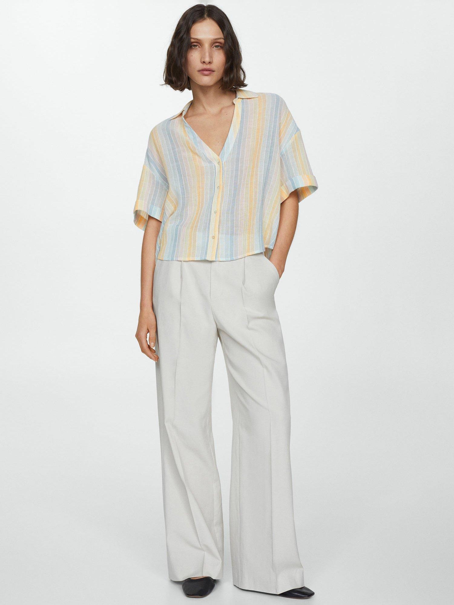 Product image 1 of 6, which shows Mango Coconut Stripe Semi Sheer Shirt, Yellow/Multi, 4