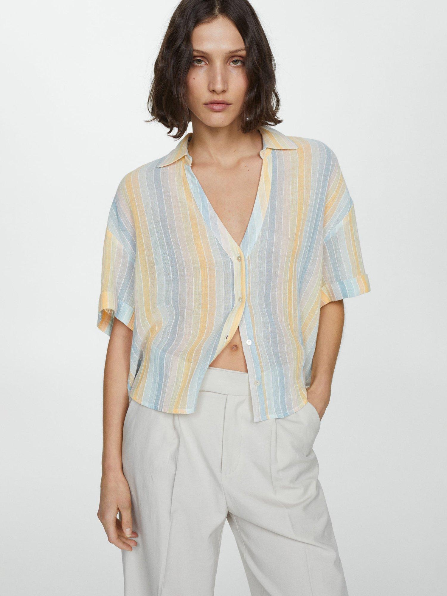 Product image 2 of 6, which shows Mango Coconut Stripe Semi Sheer Shirt, Yellow/Multi, 4