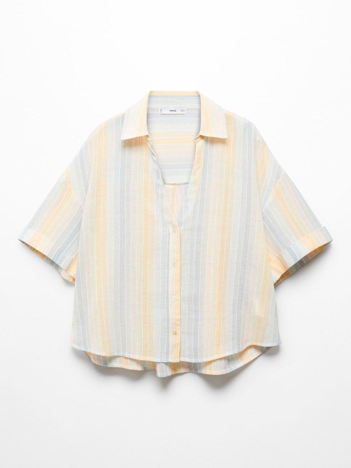 Product image 3 of 6, which shows Mango Coconut Stripe Semi Sheer Shirt, Yellow/Multi, 4