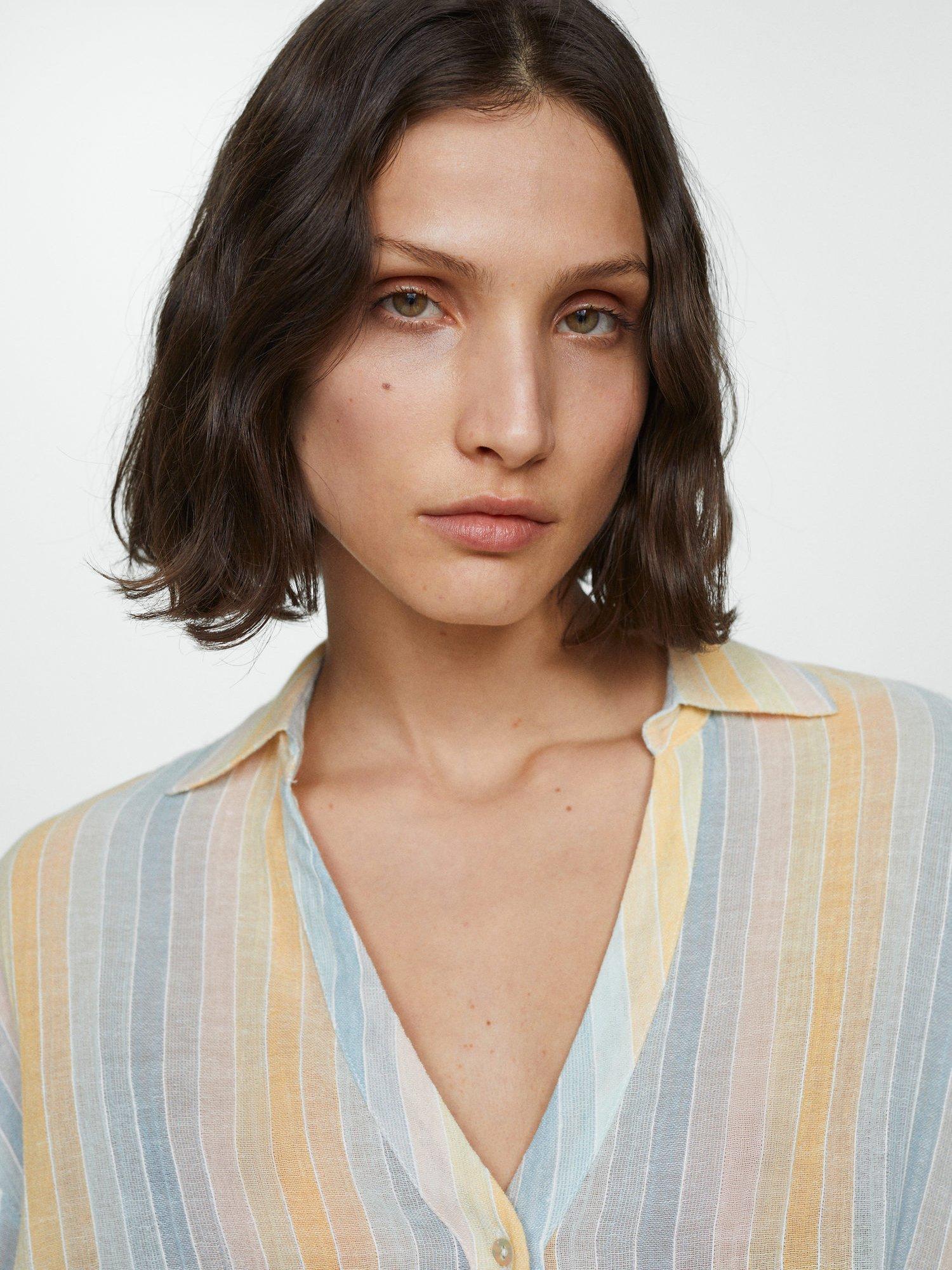 Product image 5 of 6, which shows Mango Coconut Stripe Semi Sheer Shirt, Yellow/Multi, 4