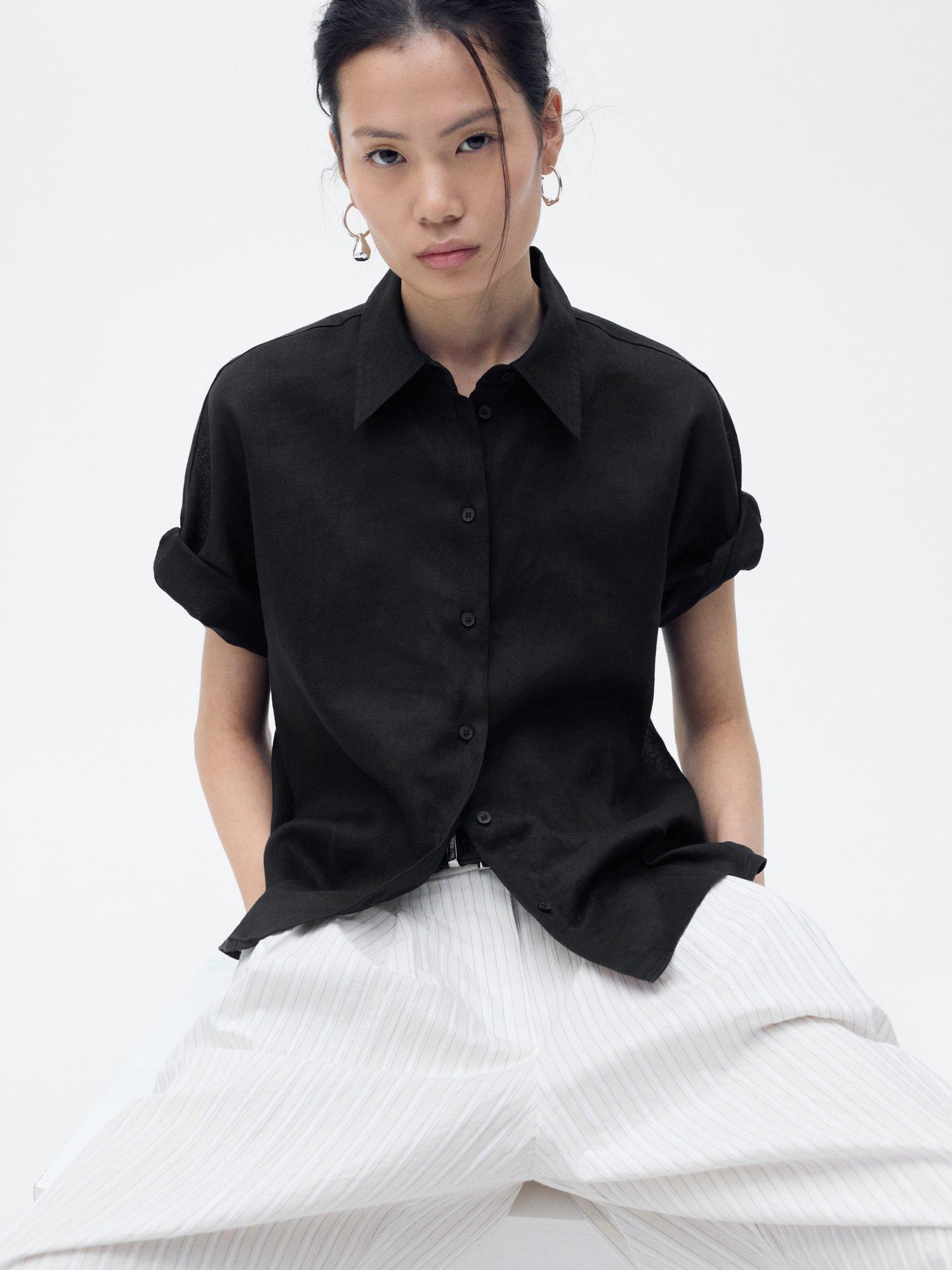 Product image 1 of 7, which shows Mango Pai Linen Rich Short Sleeve Shirt, Black, 10