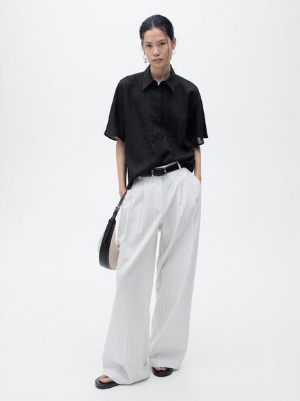 Mango Pai Linen Rich Short Sleeve Shirt, Black - view 2, Black