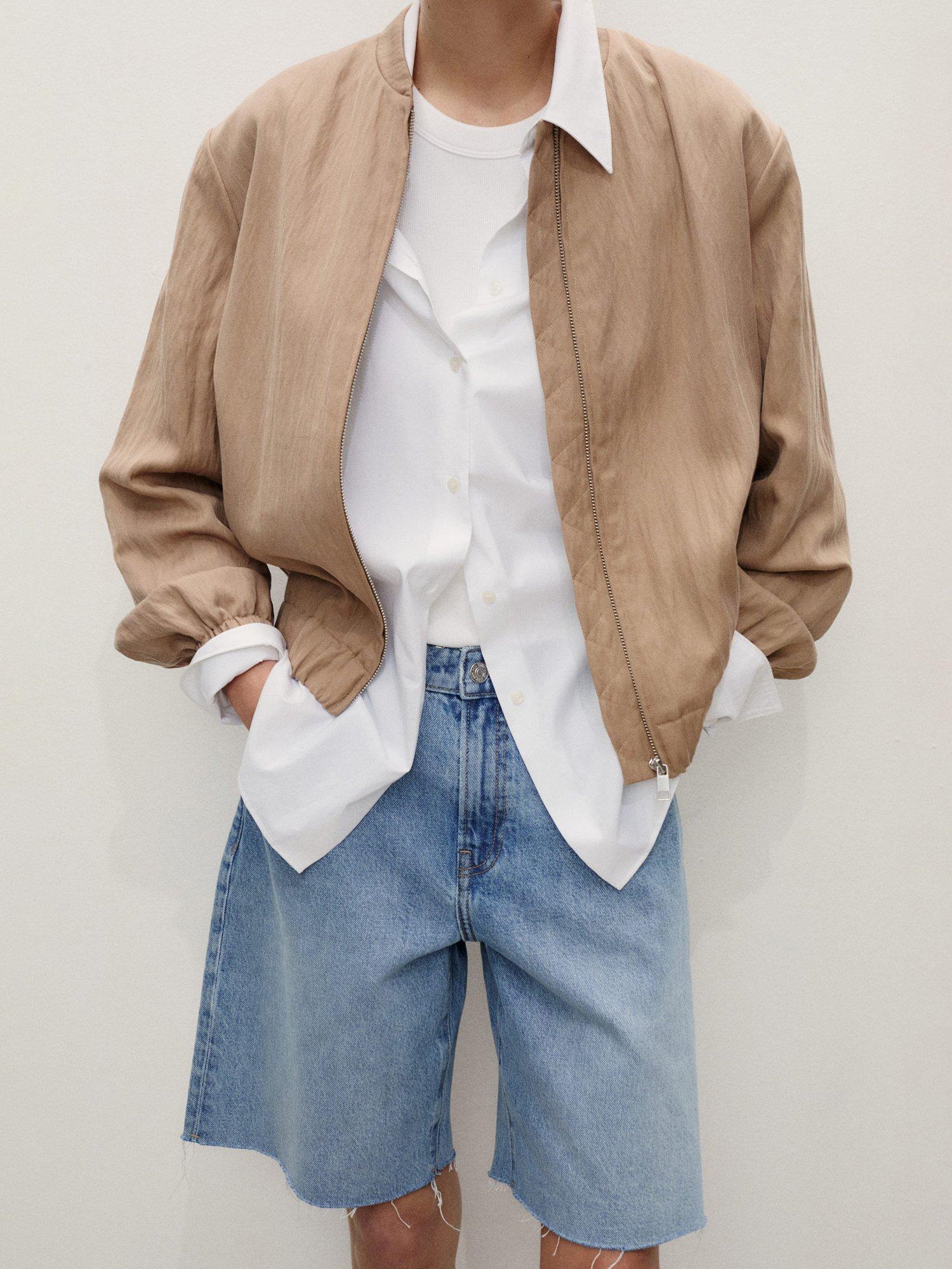 Product image 1 of 7, which shows Mango Anne Frayed Hem Denim Bermuda Shorts, Open Blue, 10