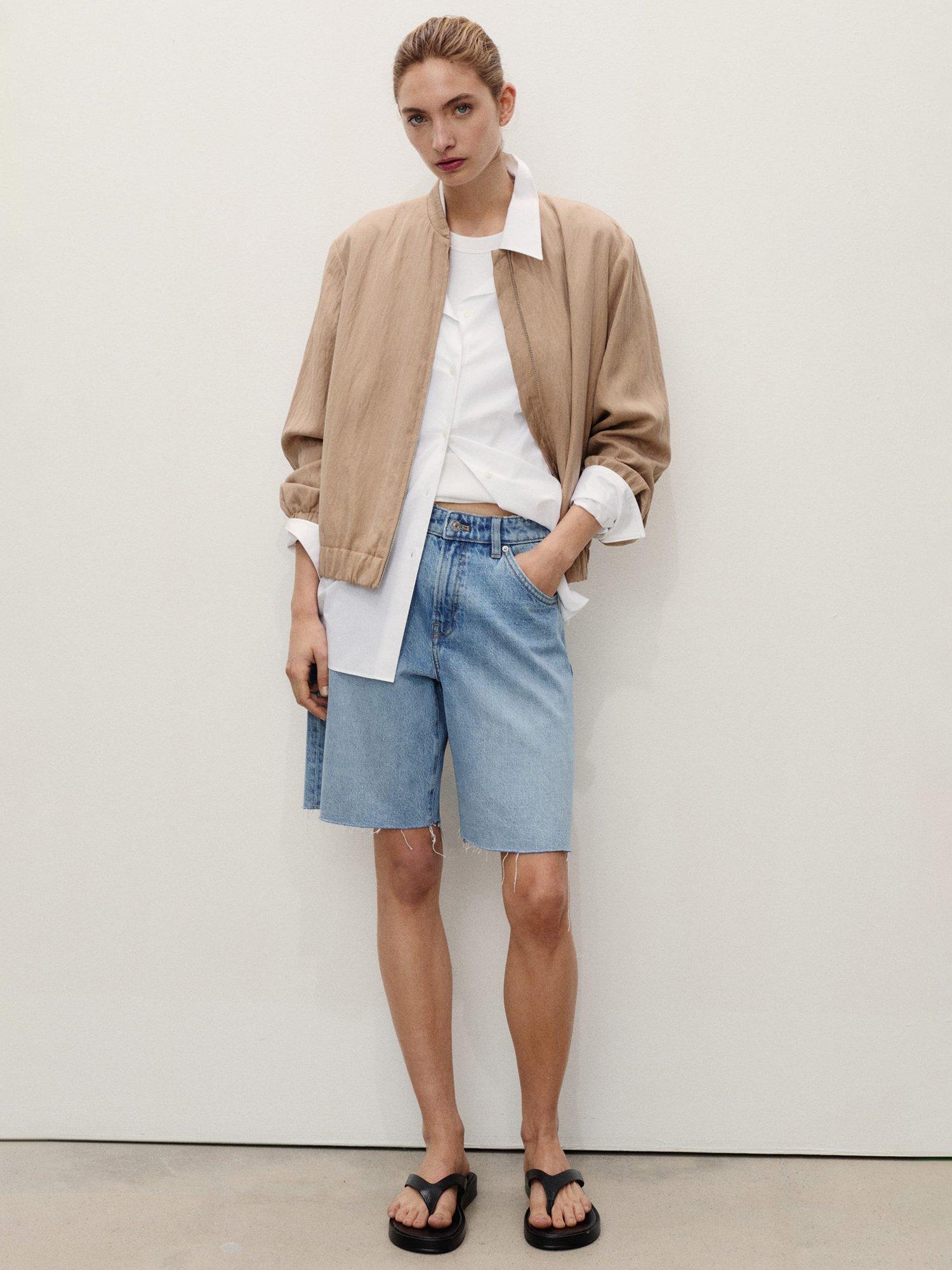 Product image 2 of 7, which shows Mango Anne Frayed Hem Denim Bermuda Shorts, Open Blue, 10