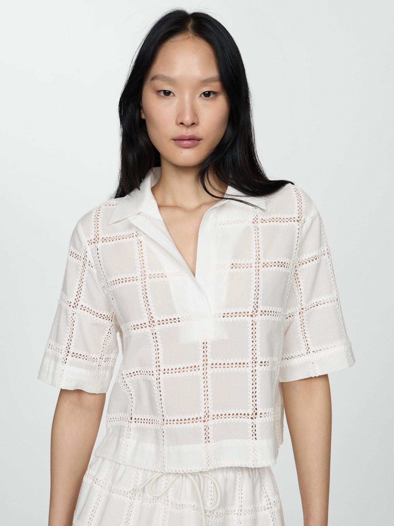 Product image 1 of 6, which shows Mango Check Lace Polo Shirt, Natural White, 10