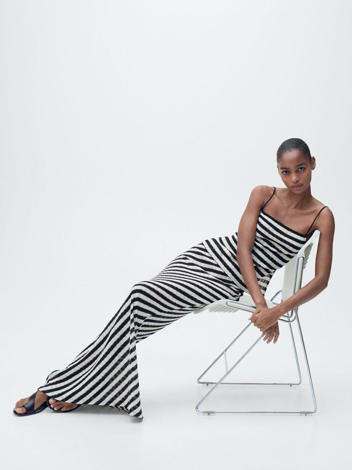 Product image 1 of 7, which shows Mango Falcon Cotton Blend Striped Knitted A-Line Zip Skirt, Black/White, S