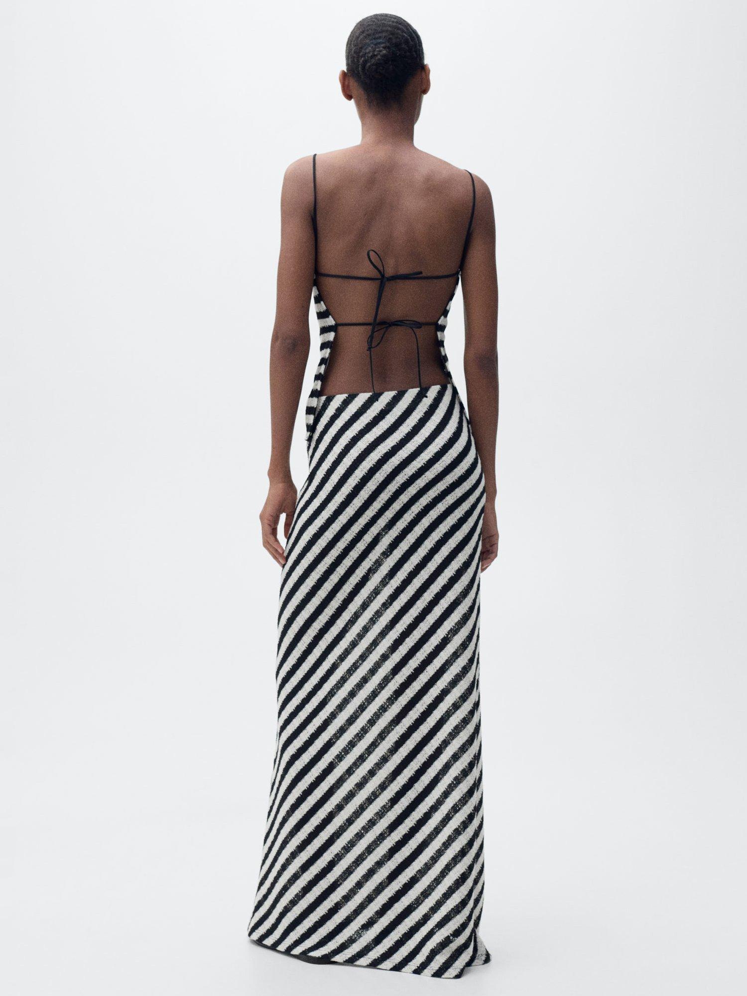 Product image 4 of 7, which shows Mango Falcon Cotton Blend Striped Knitted A-Line Zip Skirt, Black/White, S