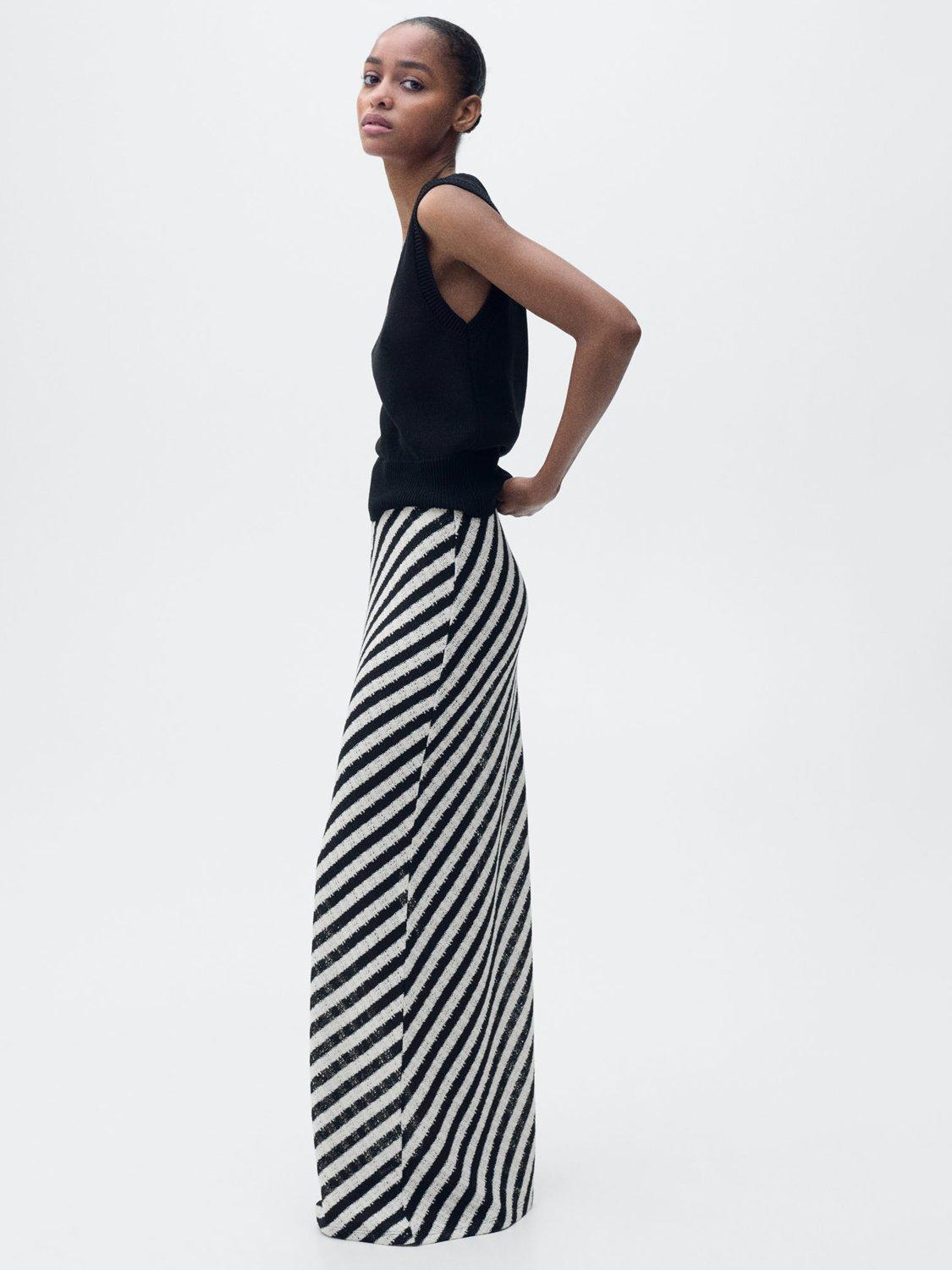 Product image 6 of 7, which shows Mango Falcon Cotton Blend Striped Knitted A-Line Zip Skirt, Black/White, S