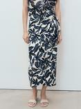 Mango Merci Leaf Print Linen Rich Skirt, Light Beige/Multi