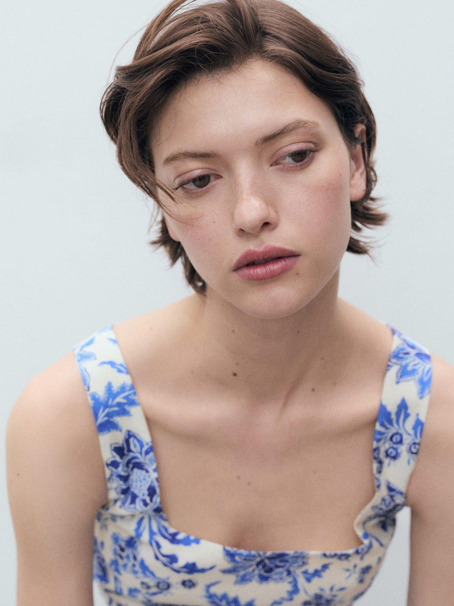 Product image 6 of 7, which shows Mango Indigo Floral Crop Top, White/Multi, S