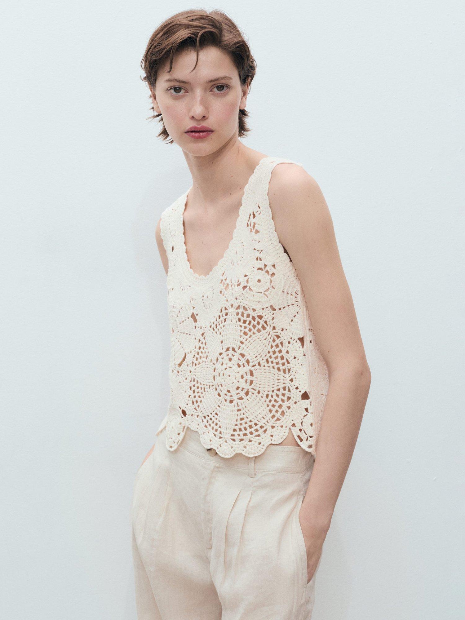 Product image 1 of 8, which shows Mango Garden Floral Crochet Top, Light Beige, L