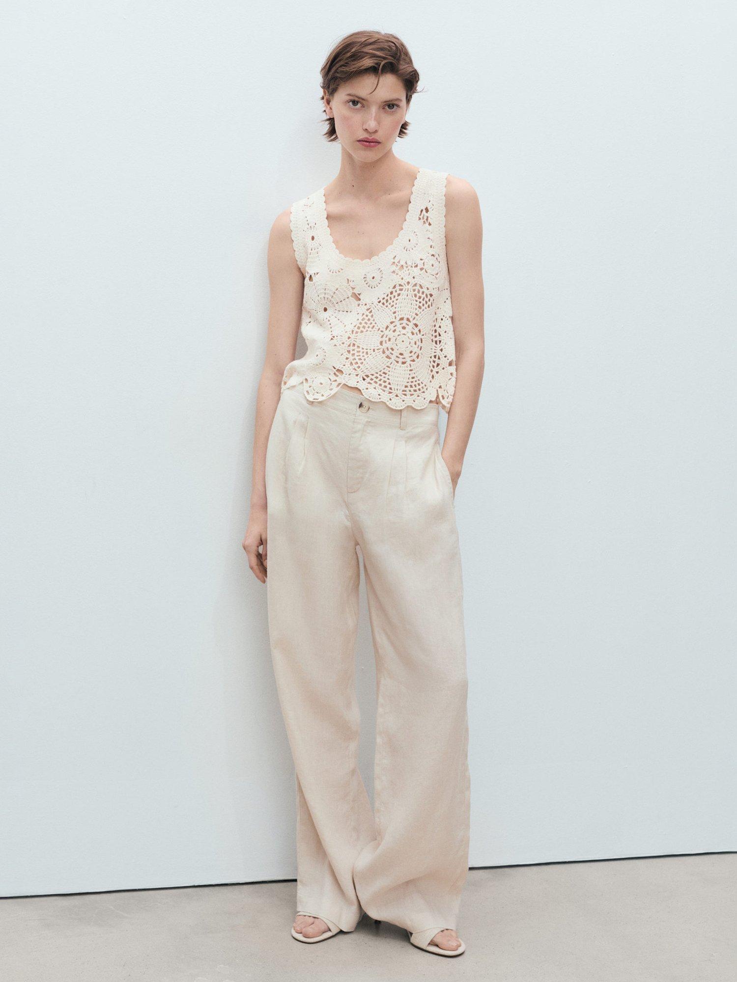 Product image 2 of 8, which shows Mango Garden Floral Crochet Top, Light Beige, L