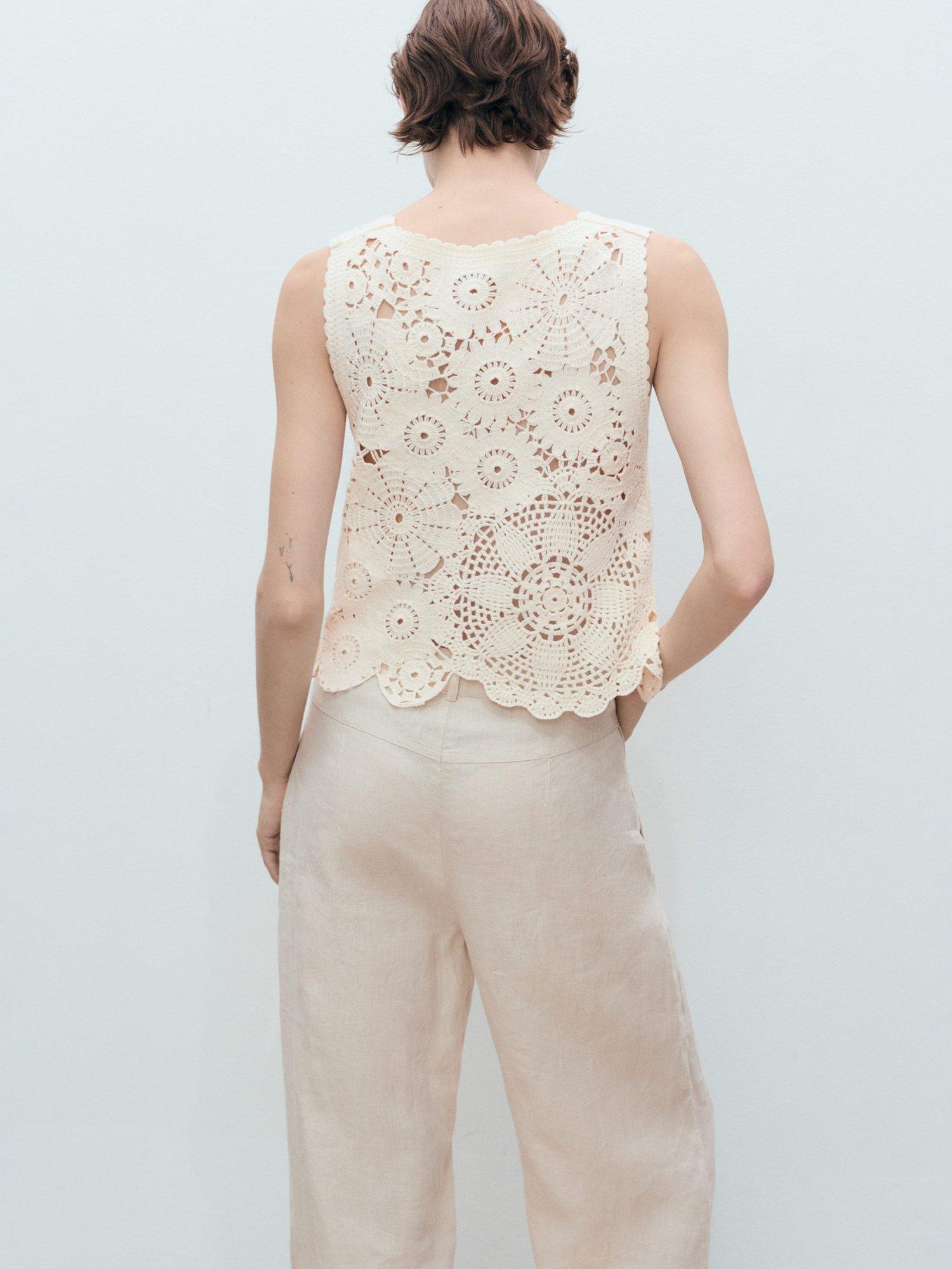 Product image 4 of 8, which shows Mango Garden Floral Crochet Top, Light Beige, L