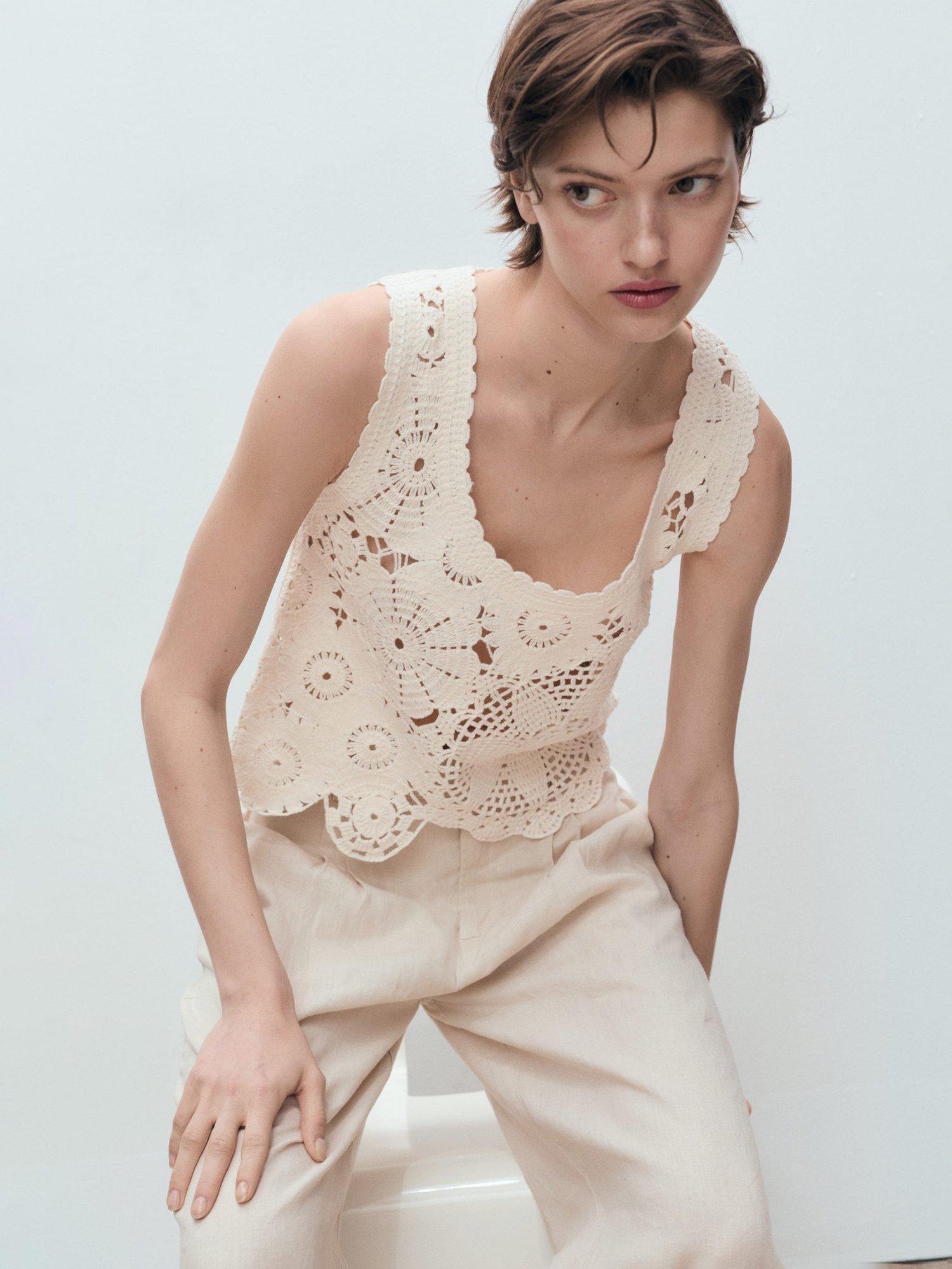 Product image 7 of 8, which shows Mango Garden Floral Crochet Top, Light Beige, L