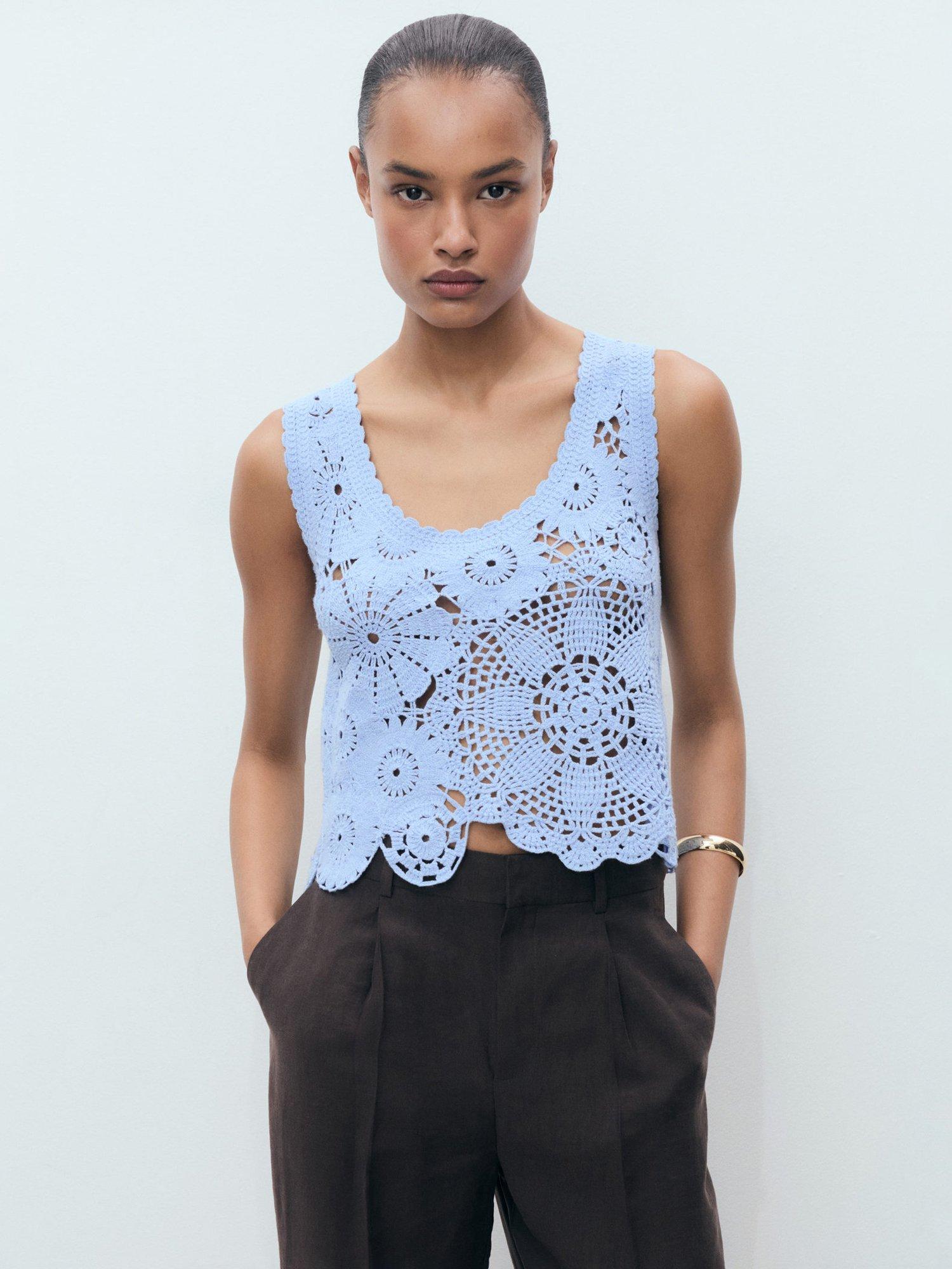 Product image 1 of 8, which shows Mango Garden Floral Crochet Top, Pastel Blue, L