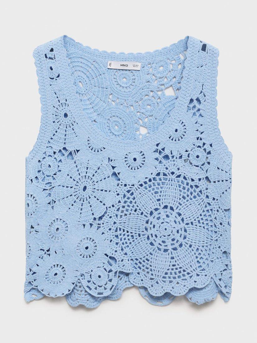 Product image 3 of 8, which shows Mango Garden Floral Crochet Top, Pastel Blue, L