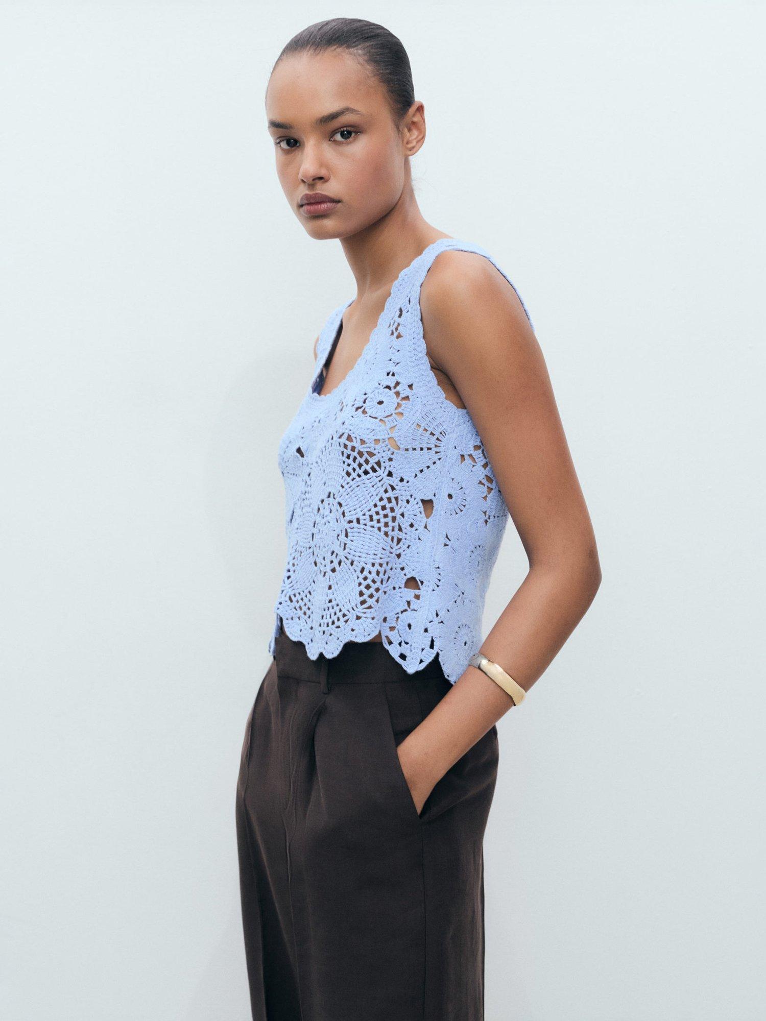 Product image 7 of 8, which shows Mango Garden Floral Crochet Top, Pastel Blue, L
