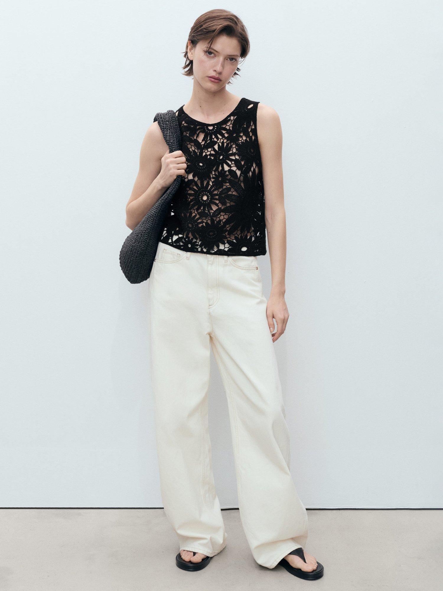 Product image 1 of 7, which shows Mango Giardino Crochet Knit Top, Black, S
