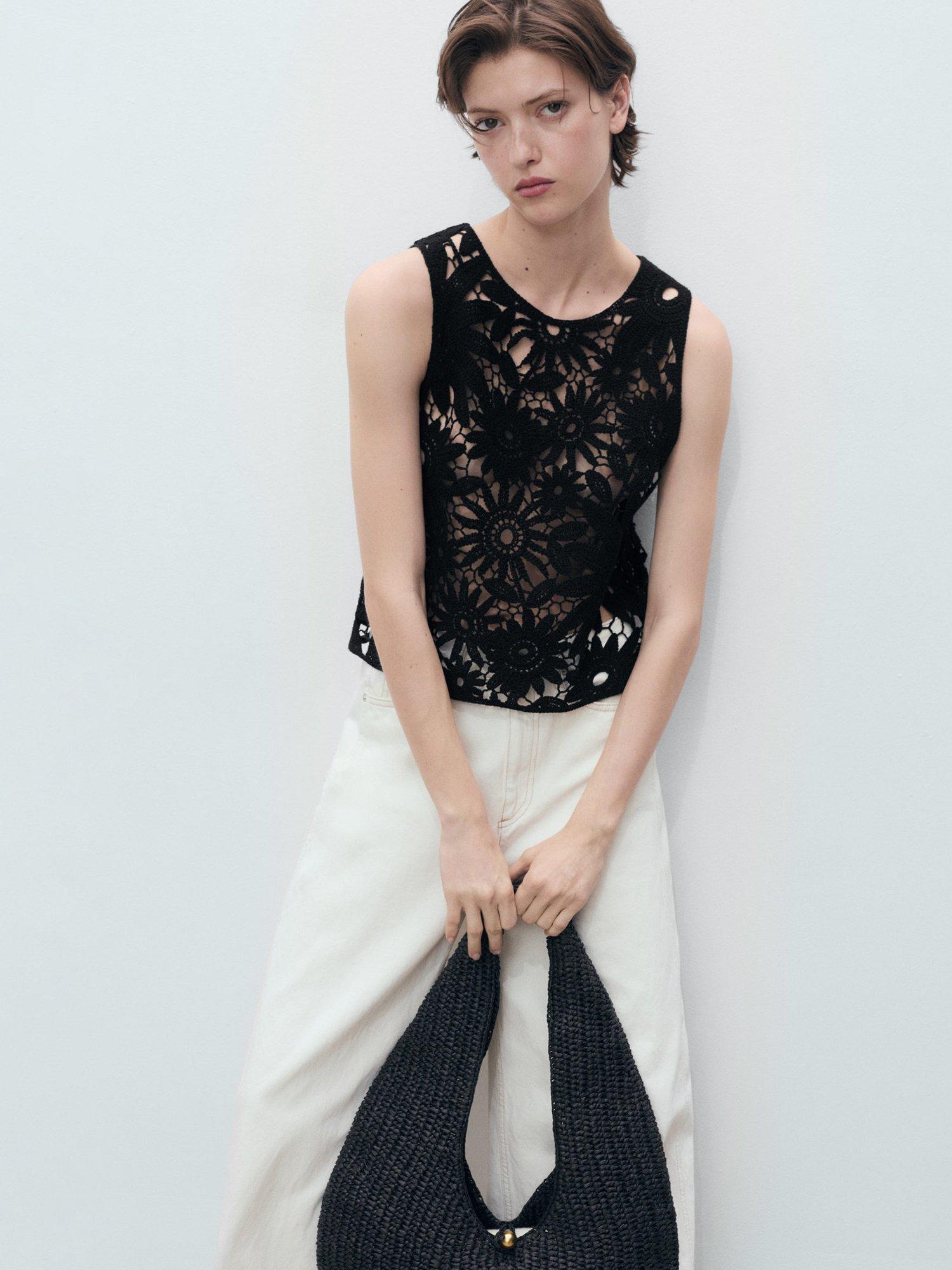 Product image 2 of 7, which shows Mango Giardino Crochet Knit Top, Black, S