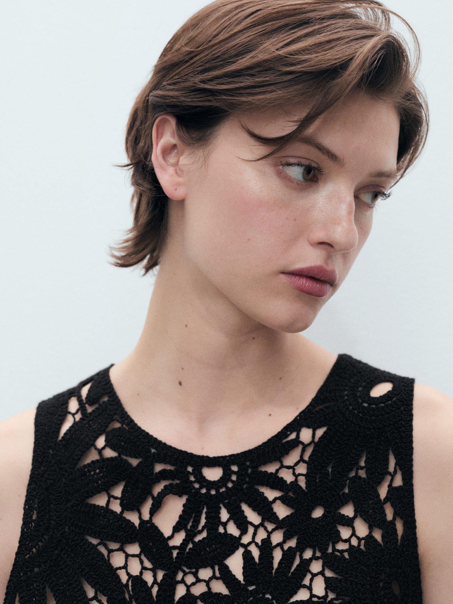Product image 6 of 7, which shows Mango Giardino Crochet Knit Top, Black, S