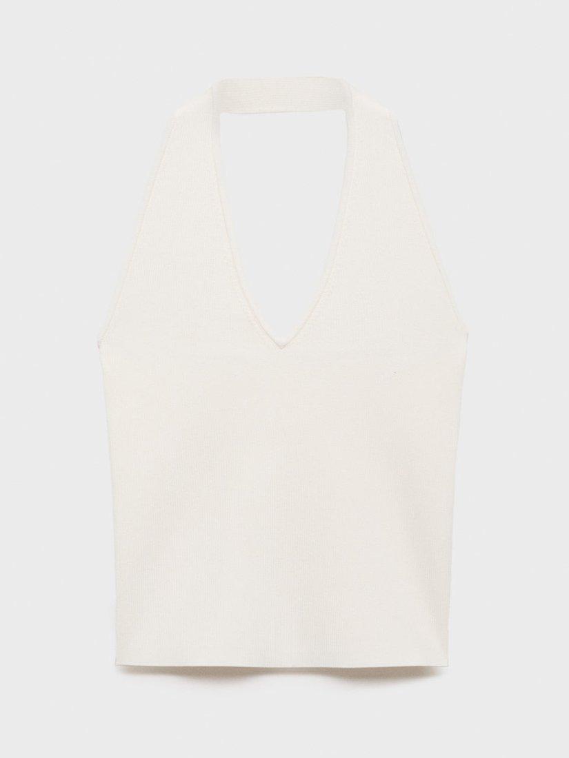 Product image 3 of 7, which shows Mango Norma Sleeveless Ribbed Halterneck V Neck Top, Light Beige, L