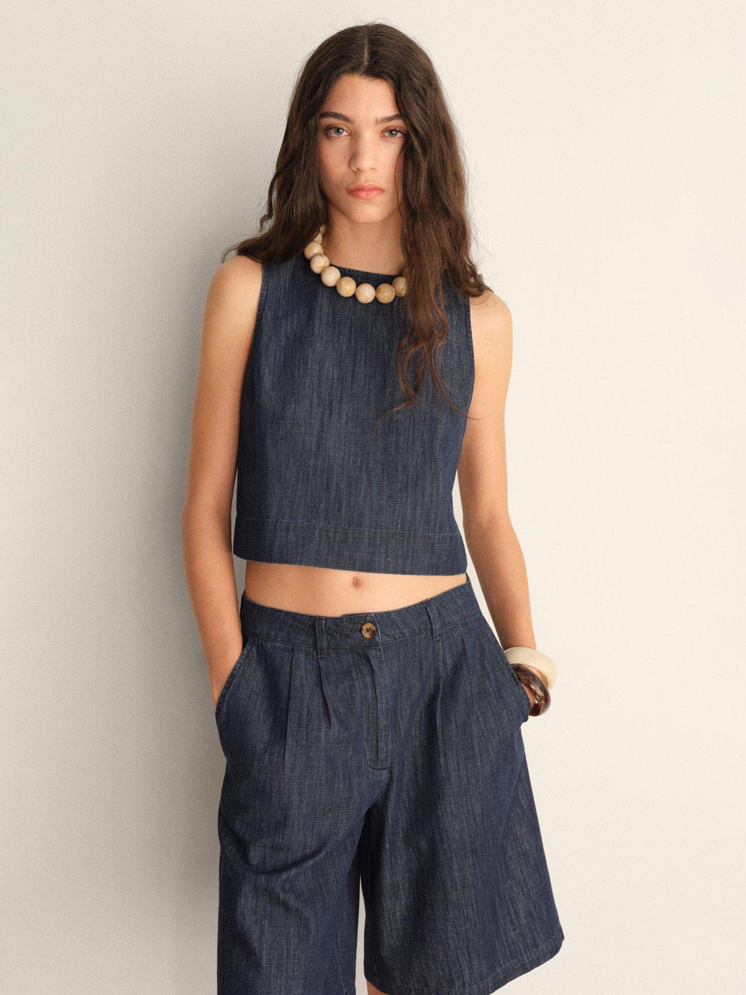 Mango Paros Denim Crop Top, Open Blue
