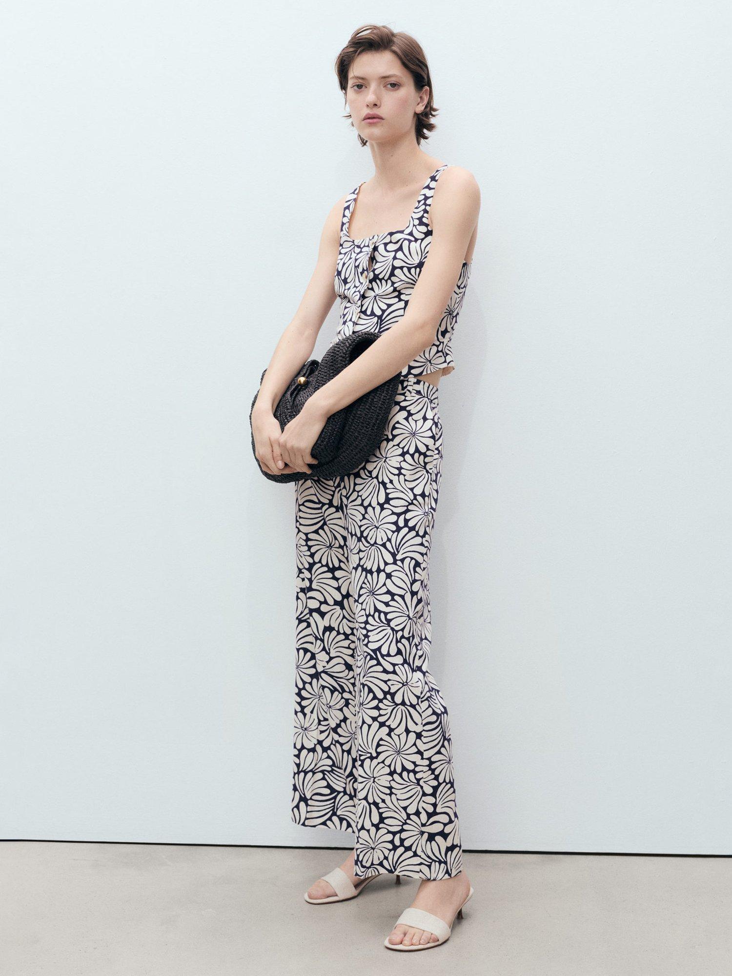 Product image 2 of 9, which shows Mango Coco Flowers Linen Rich Trousers, Light Beige/Multi, XS