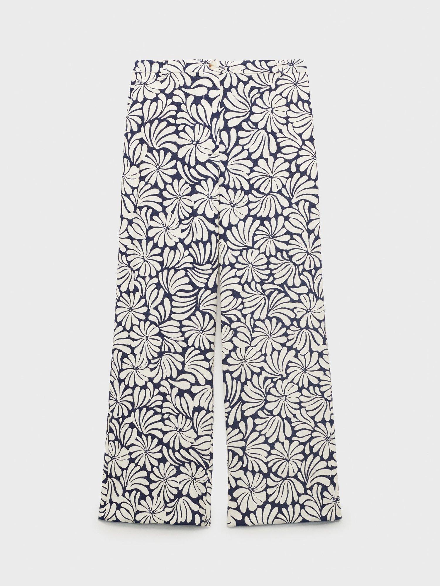 Product image 3 of 9, which shows Mango Coco Flowers Linen Rich Trousers, Light Beige/Multi, XS