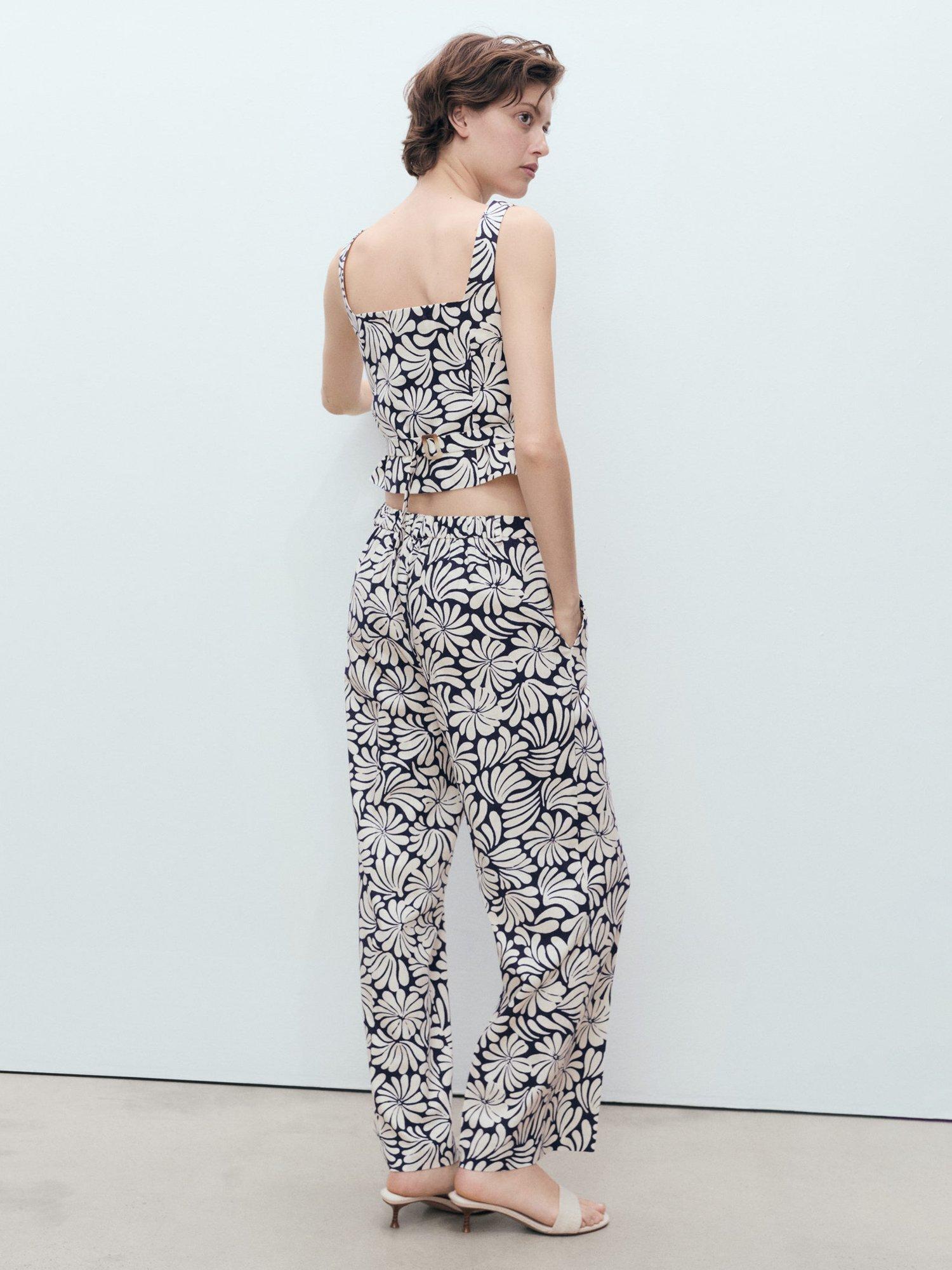Product image 4 of 9, which shows Mango Coco Flowers Linen Rich Trousers, Light Beige/Multi, XS