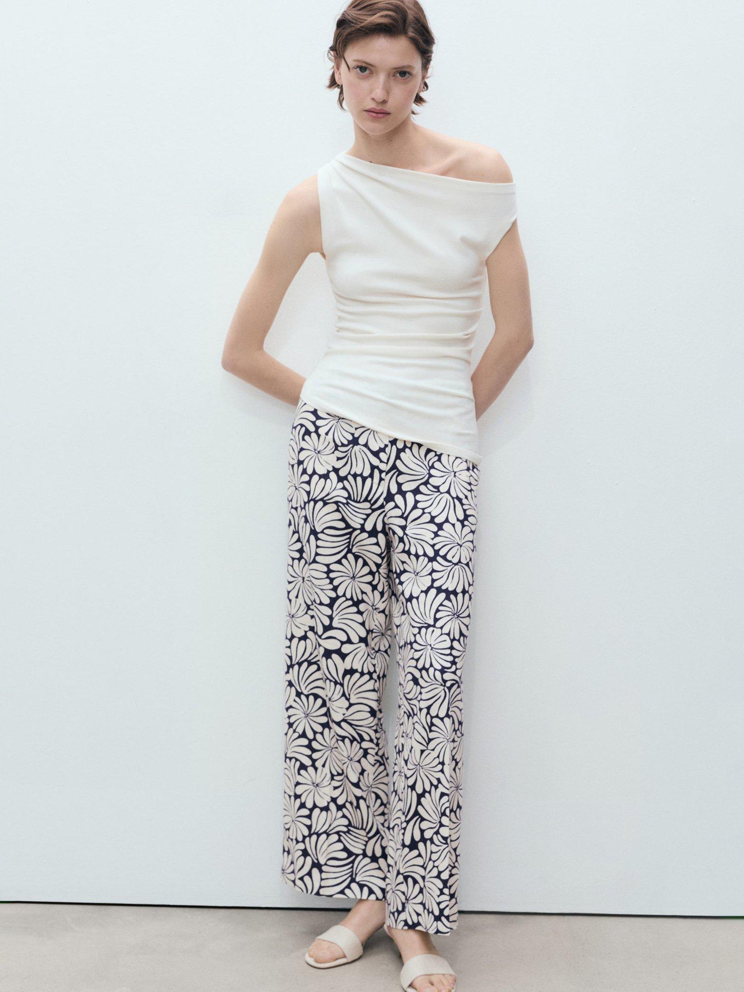 Product image 7 of 9, which shows Mango Coco Flowers Linen Rich Trousers, Light Beige/Multi, XS