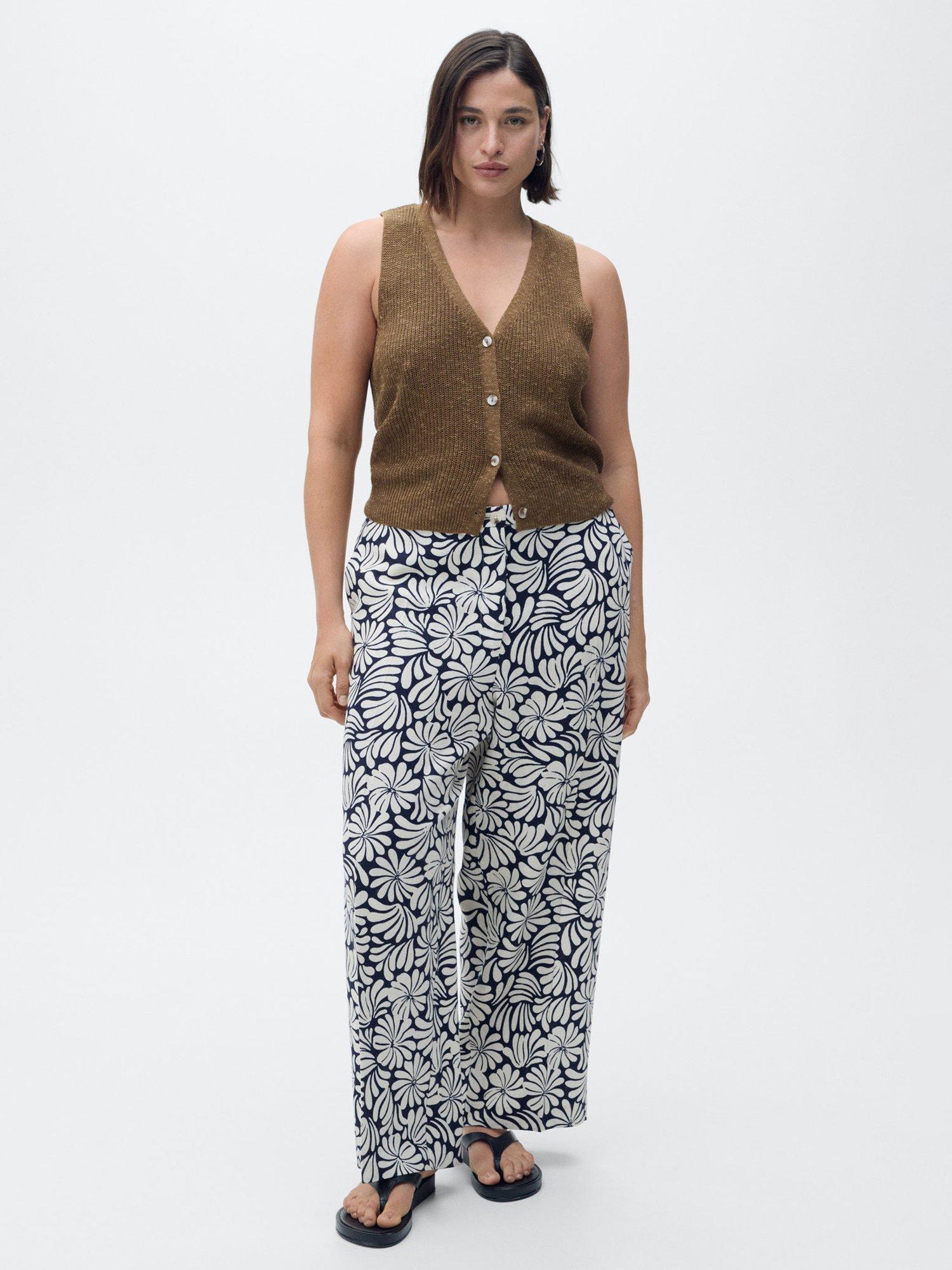 Product image 8 of 9, which shows Mango Coco Flowers Linen Rich Trousers, Light Beige/Multi, XS