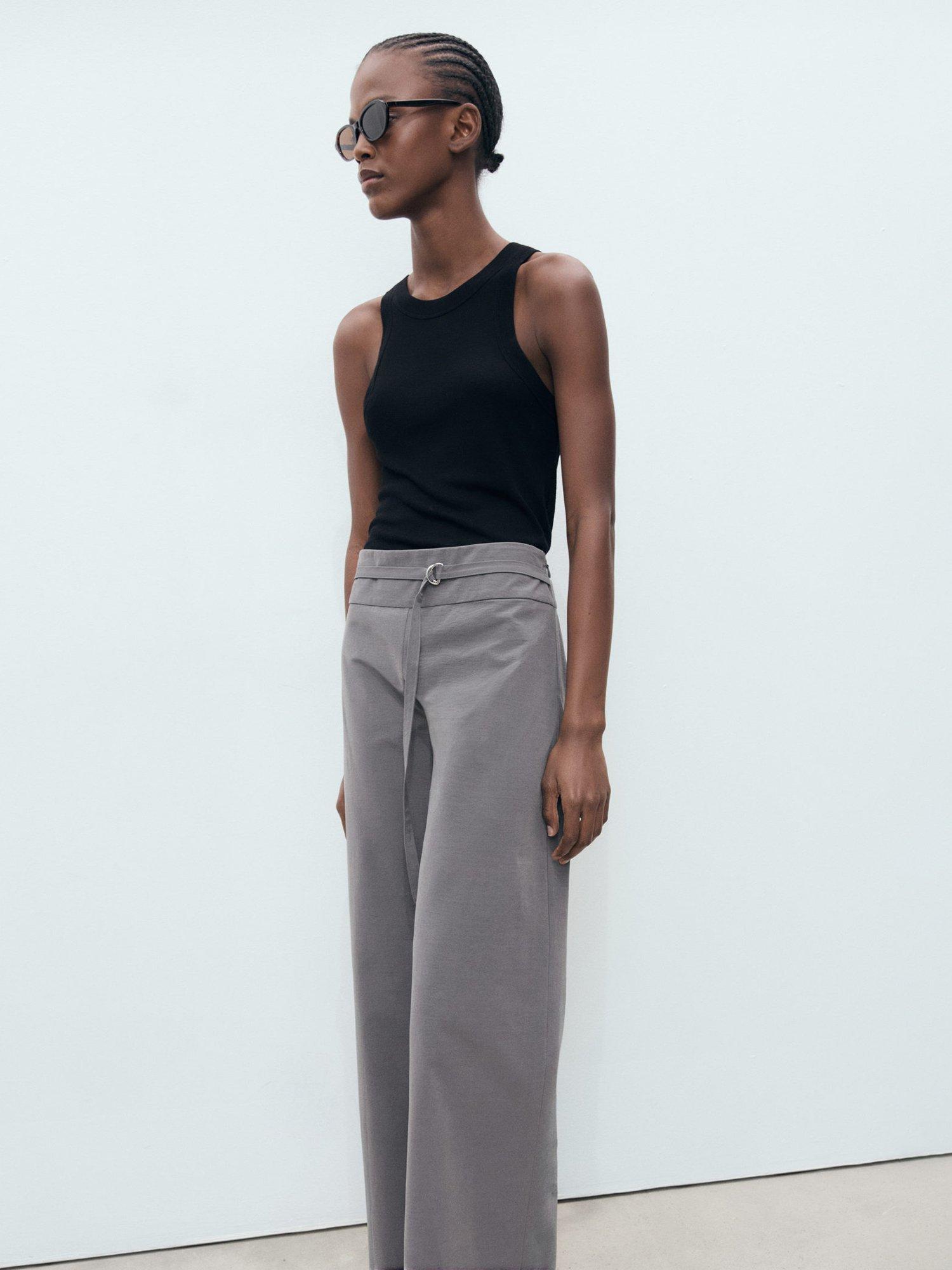 Product image 2 of 6, which shows Mango Mali Belted Straight Leg Trousers, Grey, L